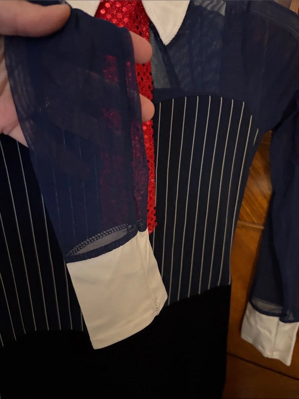 Navy Pinstripe Jumpsuit White Collar & Red Sequin Tie Dance Costume-Child Large